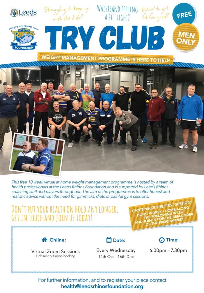 RugbyLeeds's tweet photo. ποΈββοΈ Donβt put your health on hold any longer- join our menβs weight management programme today!
Our virtual #TryClub sessions will help you to make healthy changes and get fit in the comfort of your home! οΏ½οΏ½π‘
Sign up for free π https://t.co/Tz3ptRFB9g https://t.co/w1HHWE7lWM