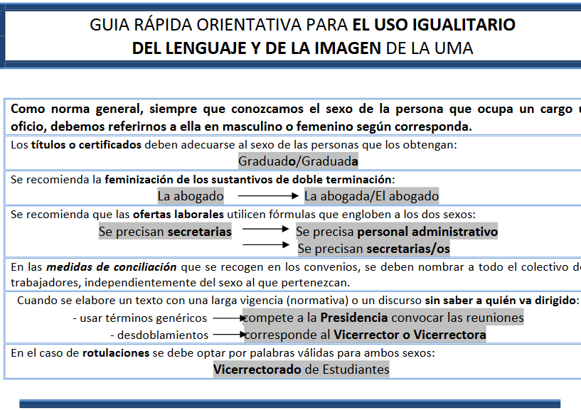 Nuestro Vicerrectorado pone a disposición de la comunidad universitaria la "Guía rápida orientativa para el uso igualitario del lenguaje y de la imagen de la UMA"
u.uma.es/Fk/
¿La conocías?