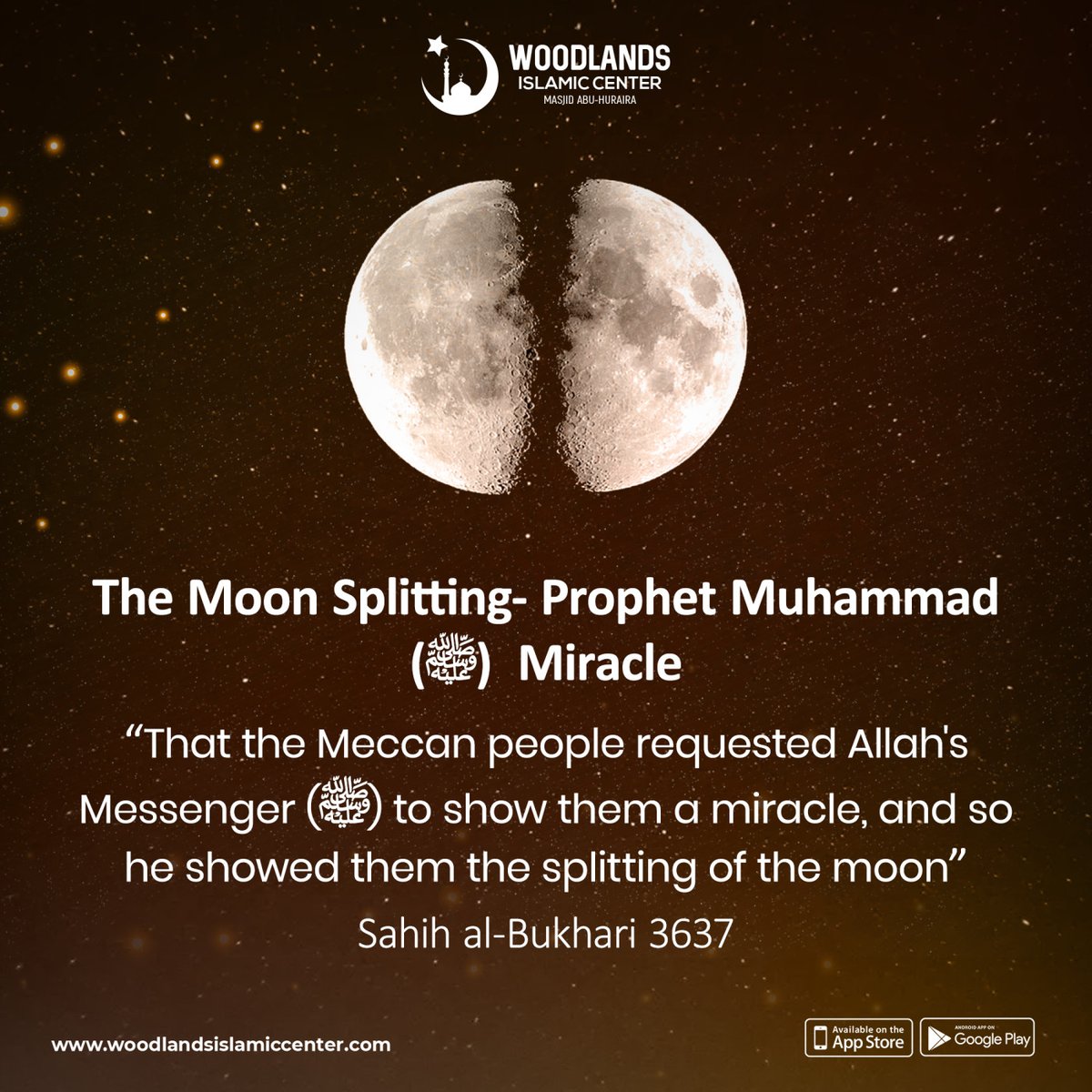 Woodlands Islamic Center on Twitter: "#Allah had bestowed the #HolyProphet (ﷺ) with a number of miracles; one of them was the *𝐬𝐩𝐥𝐢𝐭𝐭𝐢𝐧𝐠 𝐨𝐟 𝐭𝐡𝐞 𝐦𝐨𝐨𝐧*. When the unbelievers challenged the Prophet to