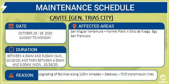 meralco's tweet photo. ADVISORY: May scheduled power interruptions sa ilang areas sa Gen. Trias City sa October 18 - 19, 2020. More: https://t.co/4jMvKoOVez https://t.co/ayrFn287vv