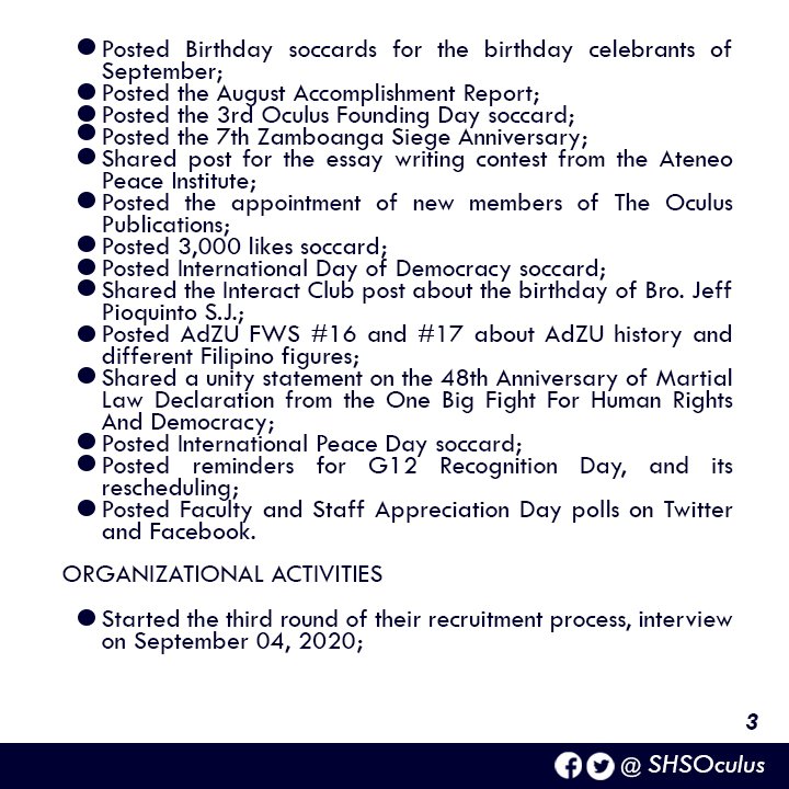 SHSOculus's tweet photo. READ | Here's The Oculus Publications' accomplishment report for September 2020.
For the information of everyone.
#WithTruthAndCourage
#WeWriteWithPurpose https://t.co/JzaTLZCP43