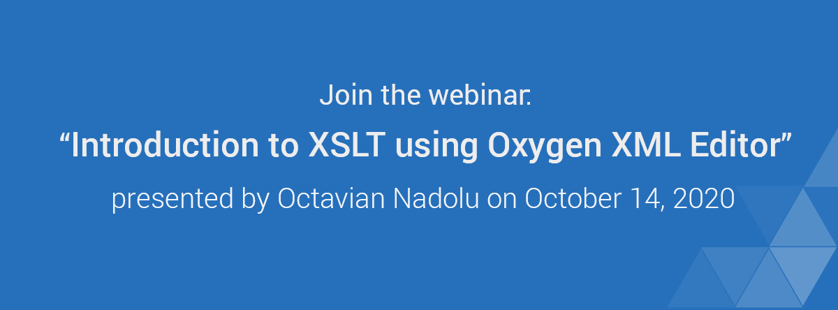 oxygenxml's tweet image. Next Wednesday, learn how to process #XML documents with a killer combination of #XSLT and Oxygen, the most suited tool for this job! ⚡️⚡️⚡️
 
ℹ️ Register for this 𝗳𝗿𝗲𝗲 𝘄𝗲𝗯𝗶𝗻𝗮𝗿, here:
oxygenxml.com/evs2020-12.html