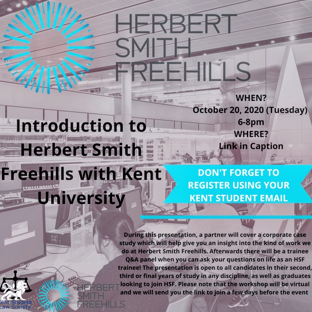 KentStudentLaw's tweet photo. On 20th of October, Herbert Smith Freehills will be delivering a talk for students on a corporate case study to gain an insight into life at HSF. This is predicted to be popular, due to the opportunity to ask questions about the firm.

https://t.co/OKt72p95vN https://t.co/uUCjVrfoMh