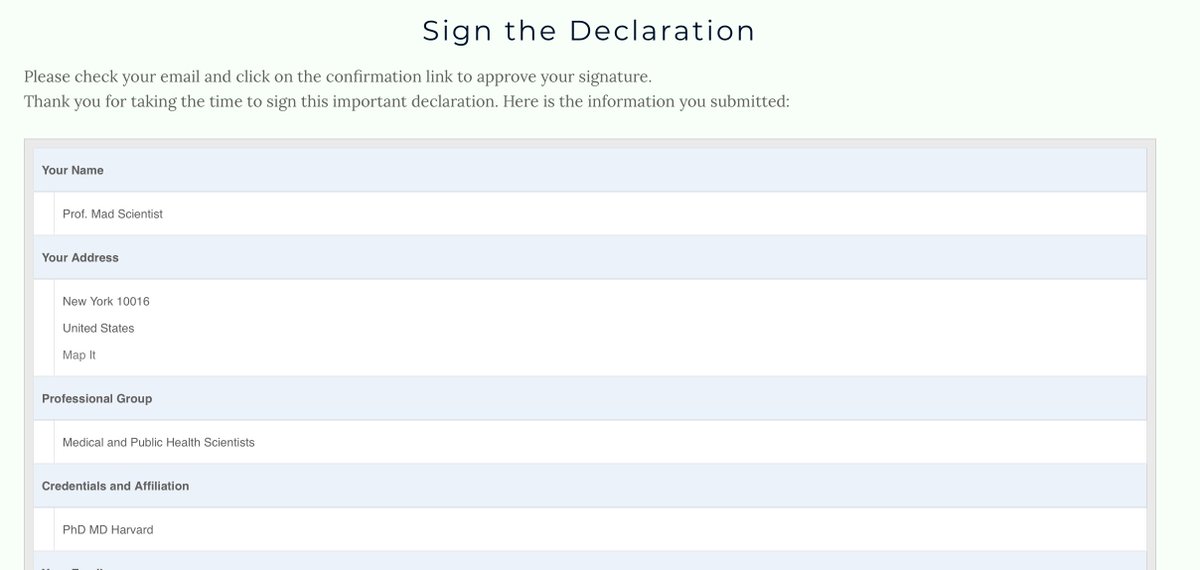 My fake profile for the Great Barrington Declaration allowed me, myself and I to confirm the fake information I submitted, allowing me to receive a simple email verification to get my 'Medical & Public Health' scientist signatory status confirmed /3