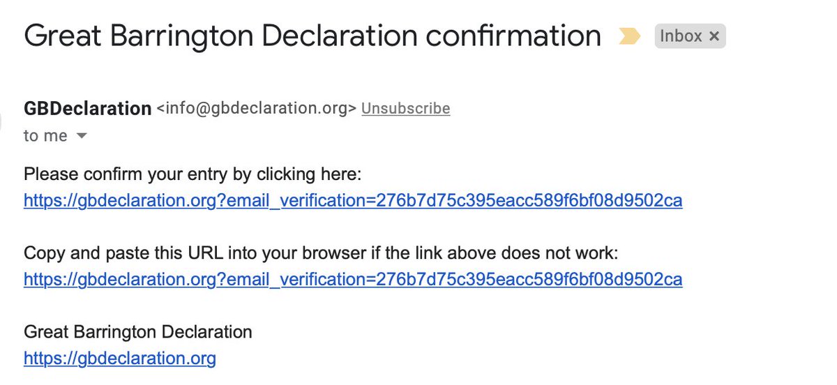 My fake profile for the Great Barrington Declaration allowed me, myself and I to confirm the fake information I submitted, allowing me to receive a simple email verification to get my 'Medical & Public Health' scientist signatory status confirmed /3