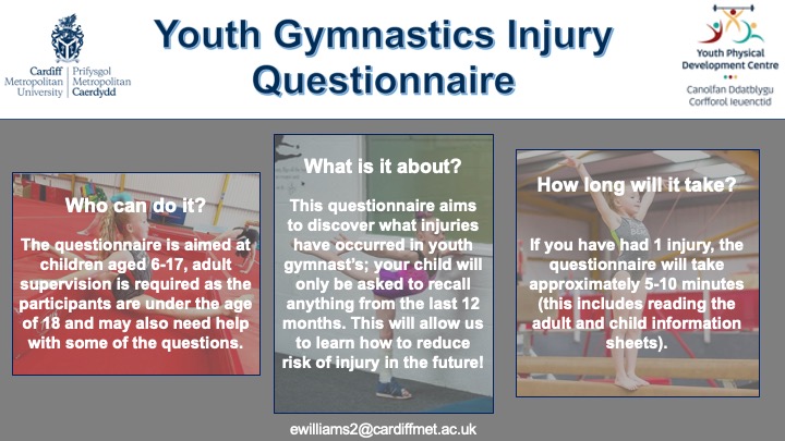 🤸Gymnasts aged 6-17 needed🤸
Dear parents, I am a Doctorate student at Cardiff Metropolitan University researching injury risk factors in youth gymnasts. 
If you have 5-10 minutes to do a quick survey, please click the link below⬇️Thank you for your help!
cardiffmet.eu.qualtrics.com/jfe/form/SV_86…