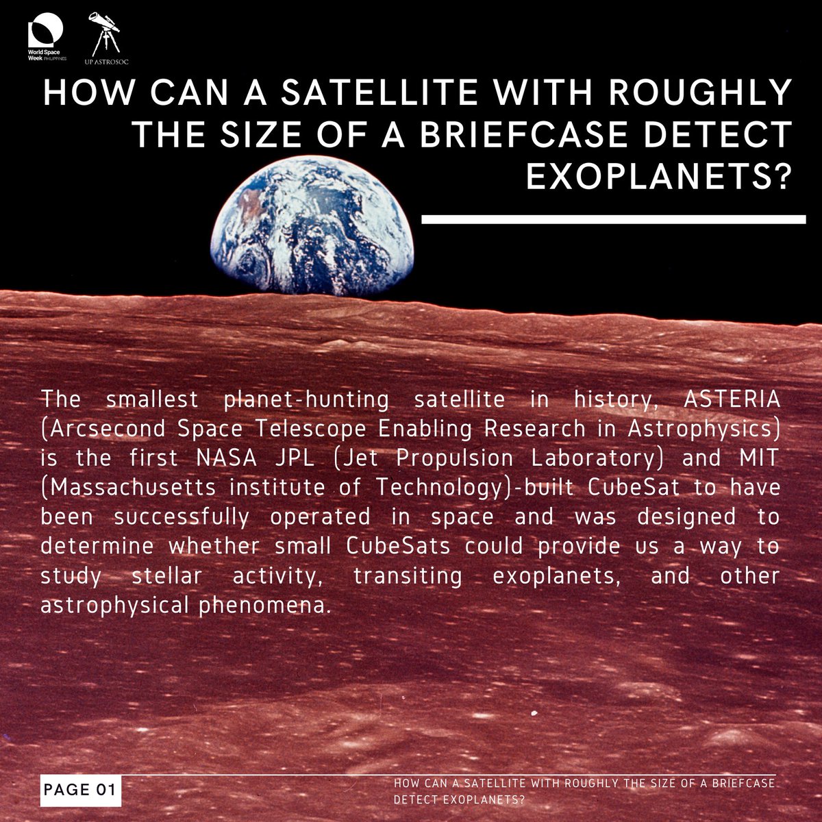upastrosoc's tweet image. “It’s not the size of the dog in the fight but the size of the fight in the dog.” (Mark Twain)

For this week&apos;s #WorldSpaceWeek2020 celebration, have a look at the smallest planet-hunting satellite ASTERIA and how it stands out among the rest up in space!

#SatellitesImproveLife