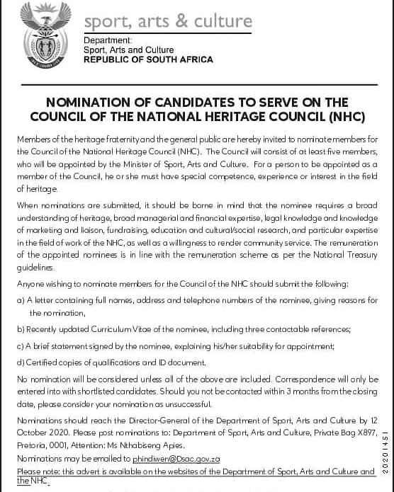 NHCSouthAfrica's tweet image. Reminder to nominate candidates to serve on the Council of the National Heritage Council of South Africa by Minday, 12 October 2020. For more information, click here: bit.ly/35WV0Wp
#SAHeritage  #KnowYourHeritage