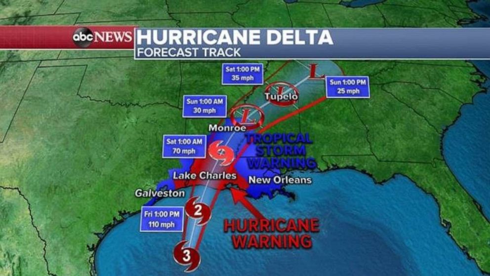 ABC's tweet image. Delta expected to make landfall near Cameron, Louisiana, around dinner time Friday night as Category 2 hurricane. abcn.ws/2I4PUxs