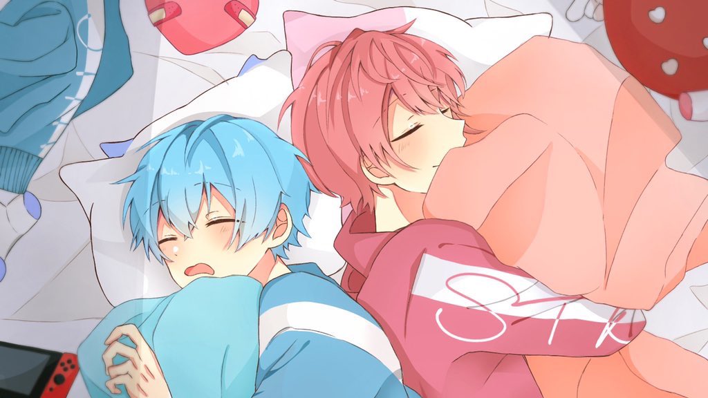 multiple boys 2boys blue hair male focus sleeping closed eyes pillow  illustration images