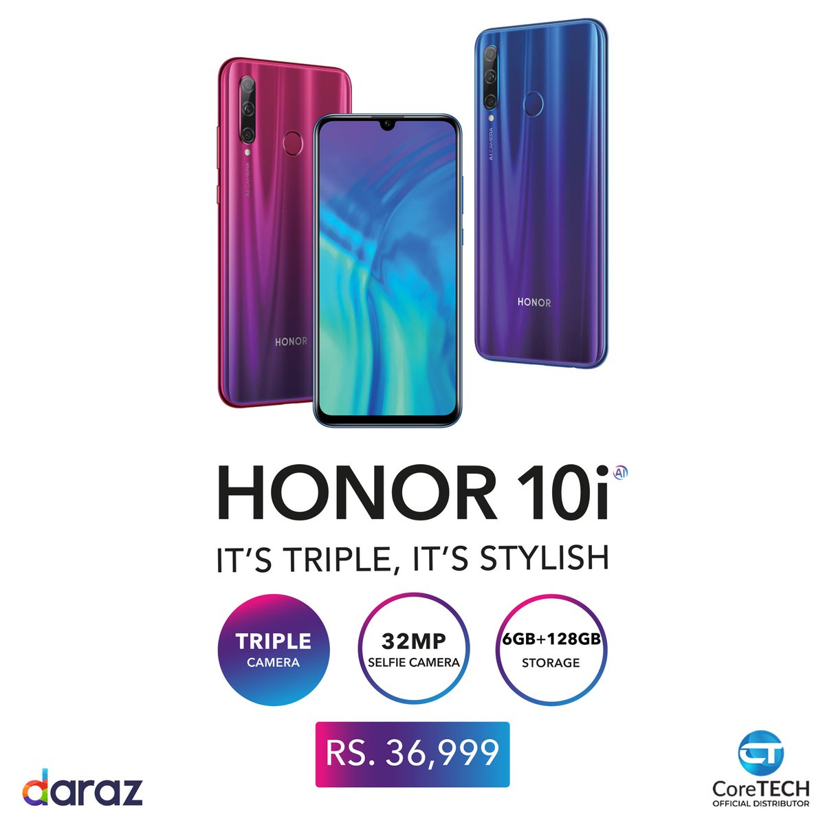 CoretechPak's tweet image. Get the all-new HONOR 10i AI TripleCamera for Rs. 36,999 which comes with Google PlayStore and in 6GB RAM with 128GB Massive Storage. Enjoy a beautiful display in 6.21-inch Screen with DewDrop Notch to be exact, 32MP Selfie Camera & Triple Camera (24MP + 8MP + 2MP) Rear Camera.
