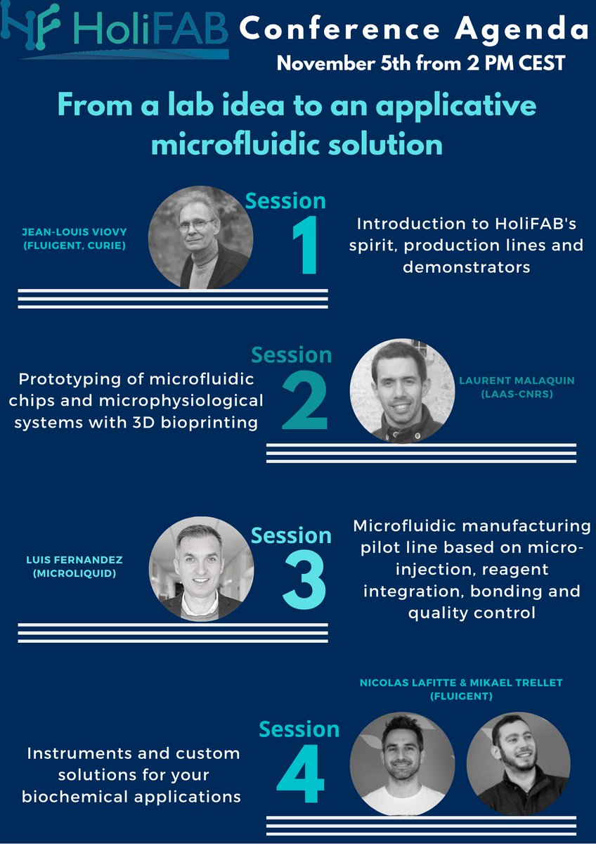 We are pleased to share with you the HoliFAB first Conference Agenda!

4 sessions will be dedicated to microfluidics starting at🕑2 PM CEST/ 8 AM (USA) on November 5th. 

💾You can register here: holifab.eu/webinar-regist…     
💻Stay connected: more session information are coming!