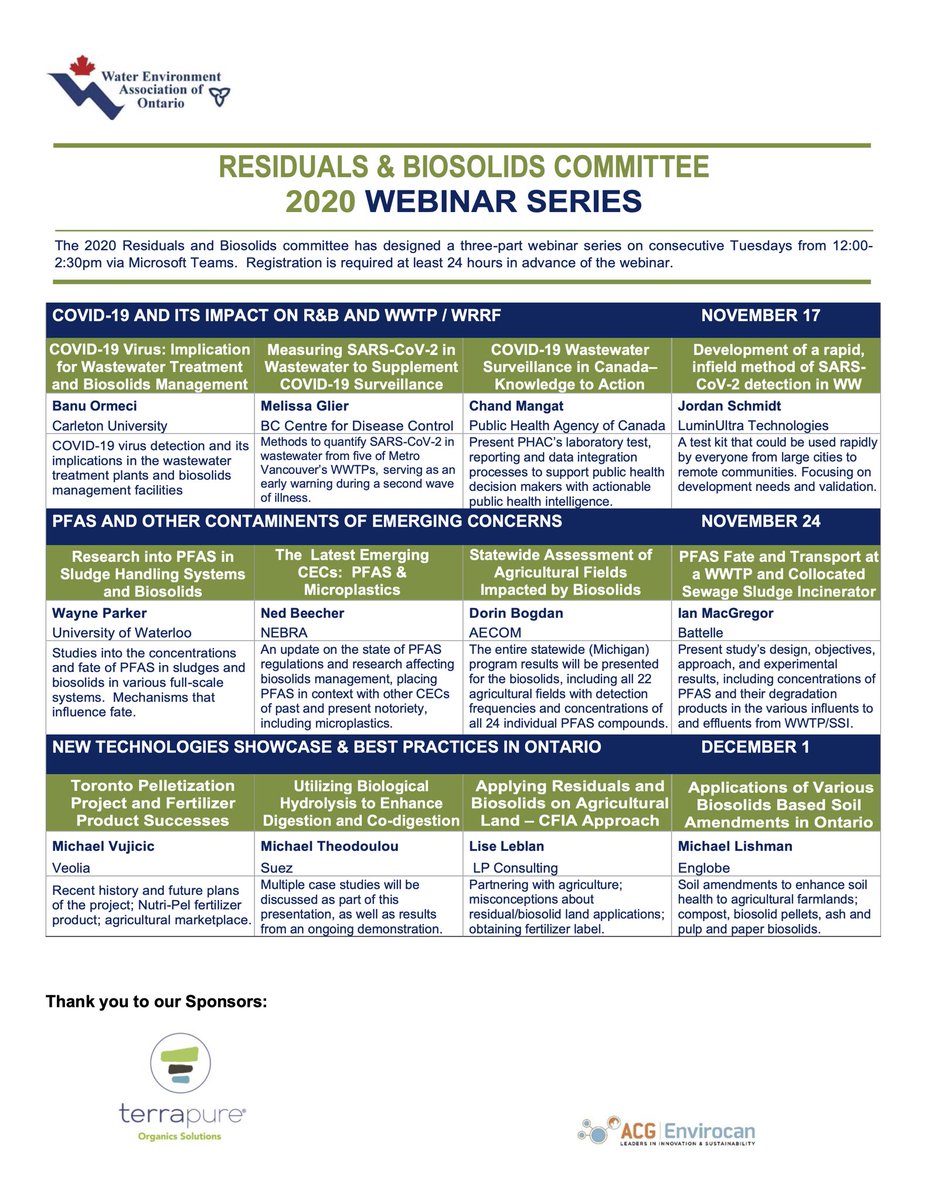 WEAOntario's tweet photo. Our Residuals &amp; Biosolids webinar series is starting in November! Check out the speakers that will be featured and register today at https://t.co/L386zQlnz3 https://t.co/N49CVOgSf8