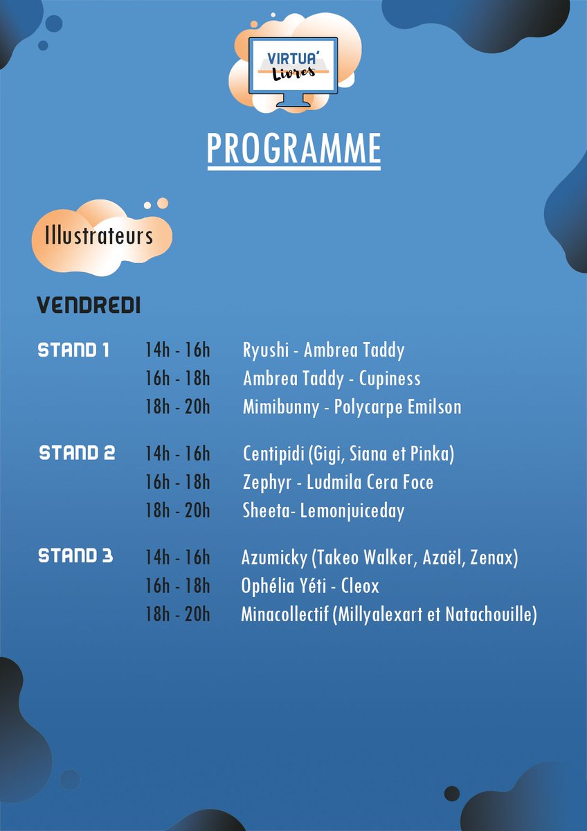 Découvrez le programme des #illustrateurs qui seront présents à la prochaine édition de Virtua'Livres du 23 au 25 octobre sur notre serveur Discord (https://t.co/kZqKLGGhOm) #illustrateur #freelance #conventionvirtuelle #salondulivrevirtuel @Ophelia_Yeti @millyalexart https://t.co/uyaK7cPk8I