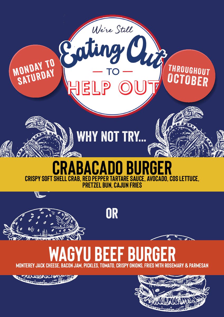 Thank you to everyone who made the summer so special. As we head into Winter we are currently still offering two Eat Out To Help Out options including the delicious Wagyu Beef Burger and the Crabacado Burger! Get down here Monday to Saturday to try them out!