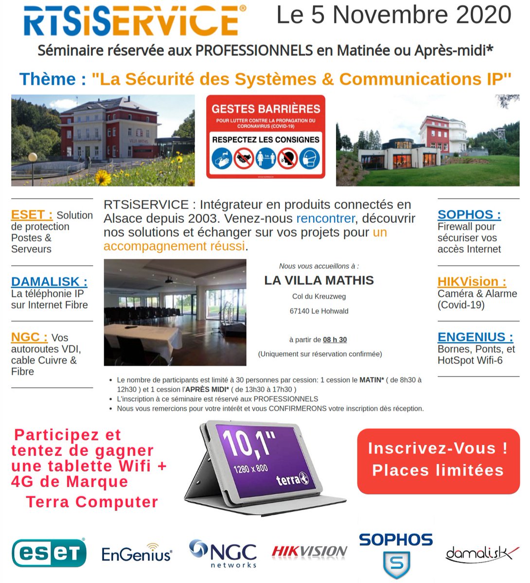 #Professionnels, rendez-vous avec #RTSiSERVICE le 05 Novembre, Matin ou Après-Midi, pour un séminaire sur le thème : "La #Sécurité des Systèmes &amp; #Communications IP''

Places limitées, inscrivez-vous dès maintenant à l'adresse suivante : rtsiservice.fr/journee-semina…