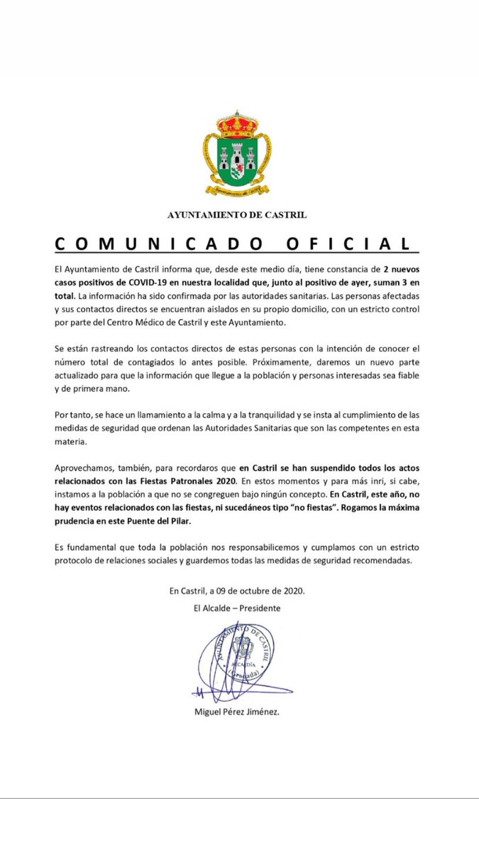 #ComunicadoOficial 📃| Se confirma la existencia de dos nuevos casos de #COVID19 en #Castril. 

⚠️ Es imprescindible extremar las precauciones:
✅Limitar los encuentros grupales.
✅Distancia interpersonal de al menos 1,5 metros.
✅Uso de mascarilla obligatorio.