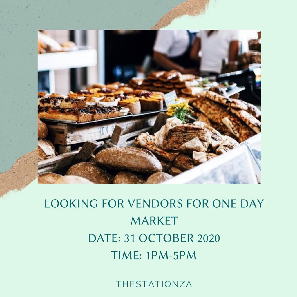 Hello beautiful people 

We are looking for vendors for a one day market : 31/10/2020

450pax Outdoor

If you are interested please send us your details to njabulo@thestationza.com before 23rd October 2020

NB: All covid -19 rules and regulations to be adhered to at all times.