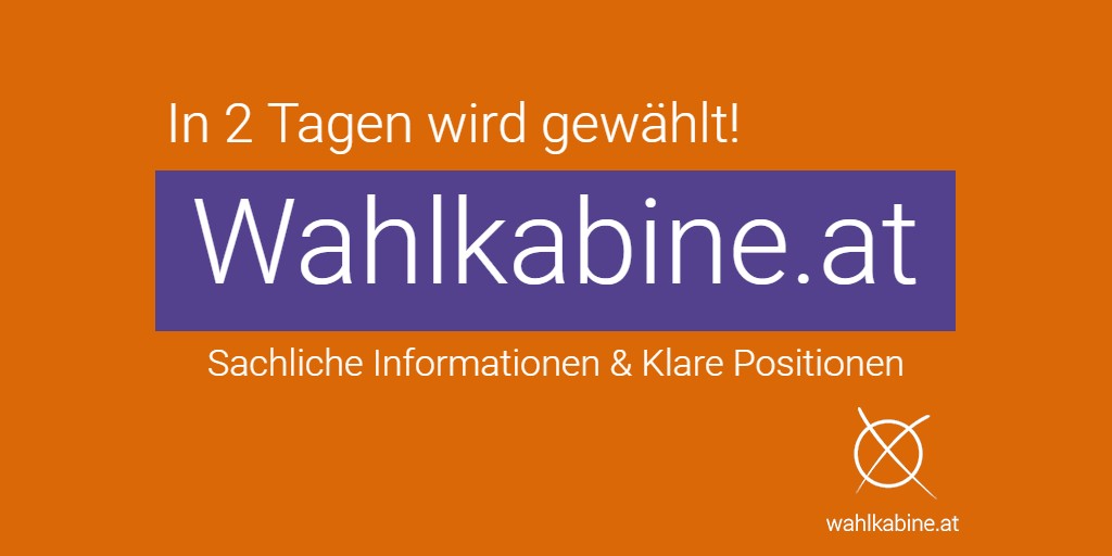 Am Sonntag wird in Wien gewählt!

Noch unentschlossen? - Vergleiche auf wahlkabine.at deine Standpunkte mit den Parteipositionen.

Zur #Wienwahl2020 haben wir die
Antworten von <a href="/SP_Wien/">SPÖ Wien – Die Wienpartei</a> <a href="/FPOE_TV/">FPÖ</a> <a href="/gruenewien/">Die Grünen Wien</a> <a href="/oevpwien/">Die Wiener Volkspartei</a> <a href="/NeosWien/">NEOS Wien</a> <a href="/HCStrache1/">HC Strache</a> <a href="/linkswien/">LINKS</a> <a href="/marcopogo666/">Marco Pogo</a> <a href="/soez/">SoEZ</a>