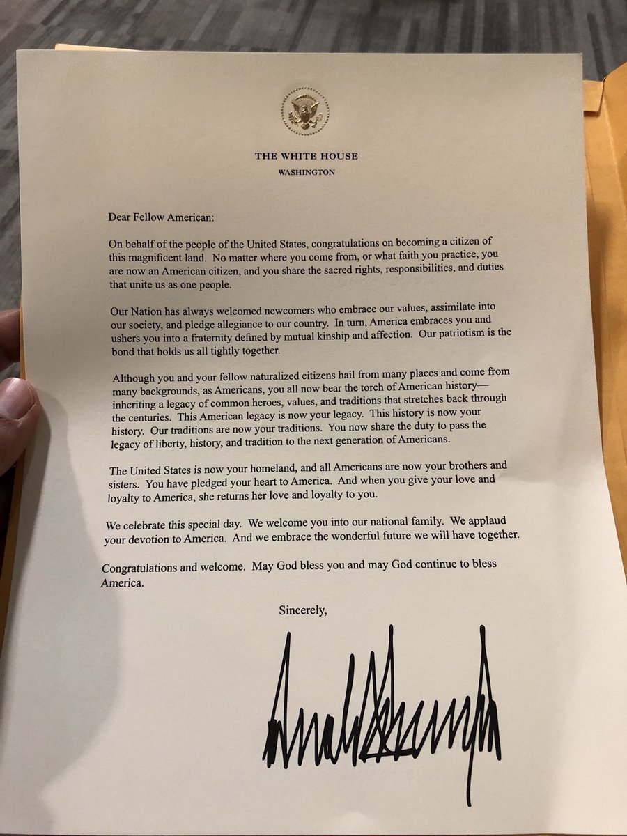 Here’s the ‘fellow American’ welcome letter from Trump that I got. It’s not bad, by his standards. But he obviously didn’t write it - not just because of the pro-immigrant sentiment but also...there are no typos or spelling errors in it. I’m so used to his random Capitalizations.