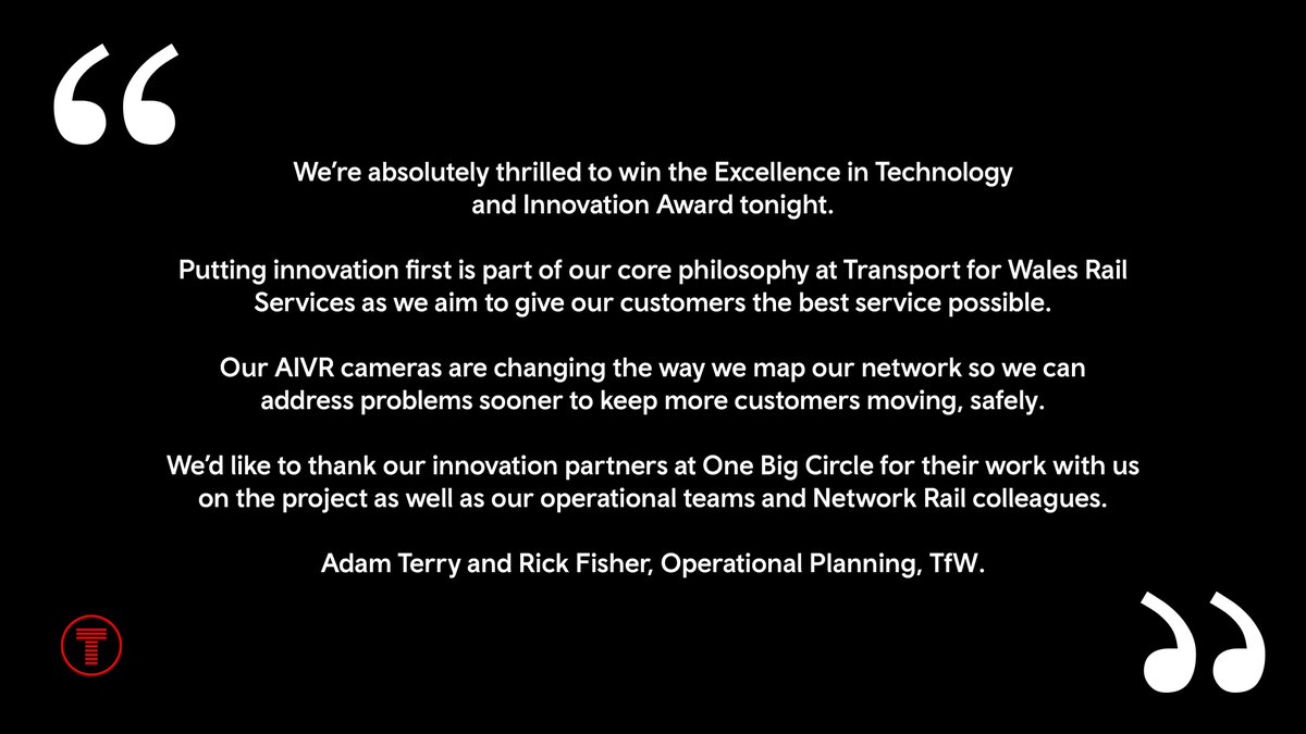 🏆🛤️ We're so thrilled to win this award!

Huge thank you to our partners <a href="/1bigcircle/">One Big Circle</a> &amp; <a href="/NetworkRailWAL/">Wales & Borders // Cymru a'r Gororau</a> 

You can find out more about this project here tfwrail.wales/new-technology…
