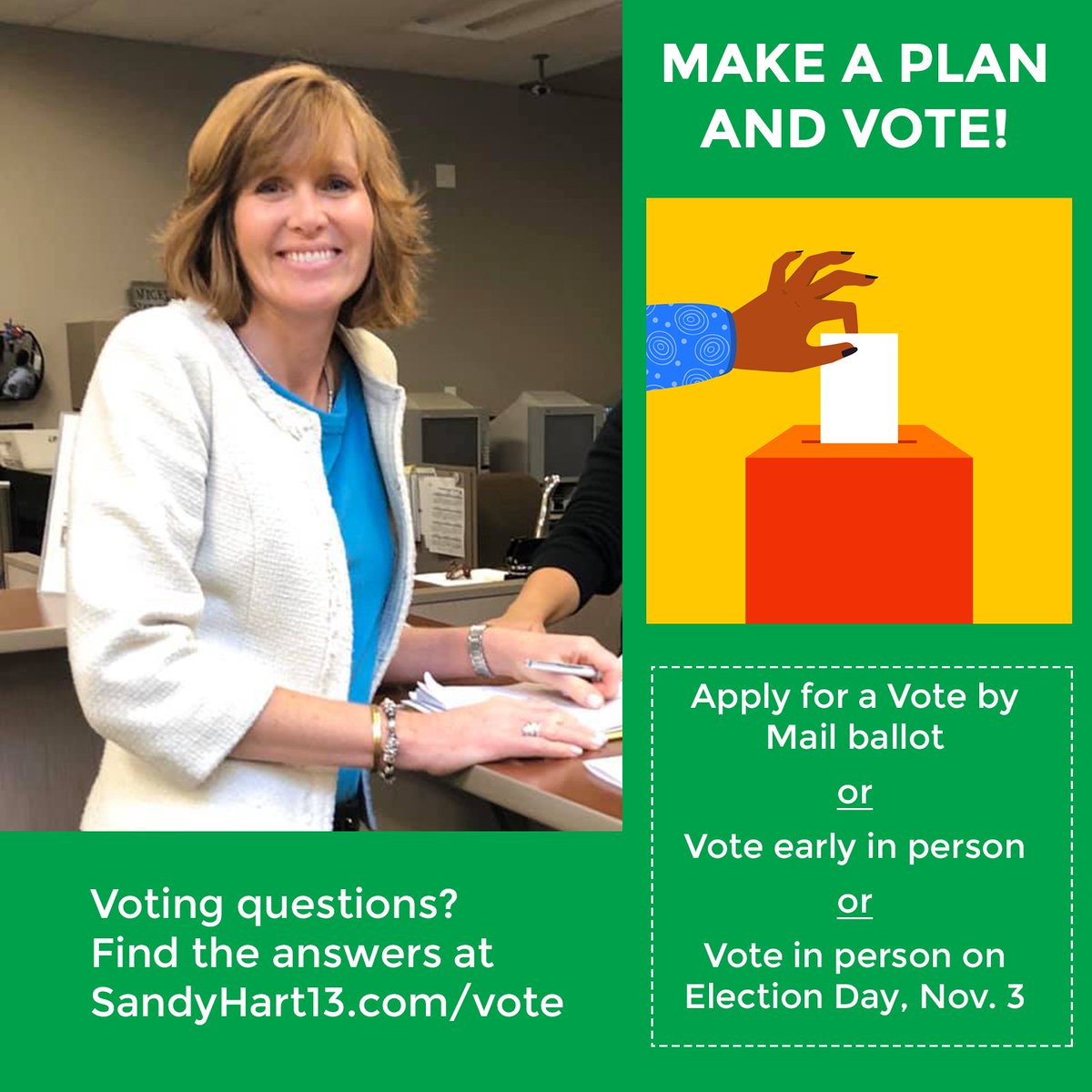 Sandy_Hart13's tweet photo. Between COVID precautions and concerns about voting by mail, voting may seem complicated this year. The fact is, you have more choices than ever before, and you should make a plan to vote by whichever method works best for you. 

Get the facts at https://t.co/3gSit1uZN3. https://t.co/7J5dgpOfEQ