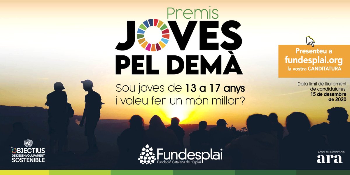 Construïu un demà més just i sostenible, ajudeu a assolir els #ODS. Premis #JovesPelDemà per a grups de joves de 13 a 17 que tingueu un projecte social, educatiu o ambiental. Solament heu d'enviar un vídeo de fins a 3 mins i us ajudarem a fer-lo realitat. projectes.fundesplai.org/premis-joves-p…