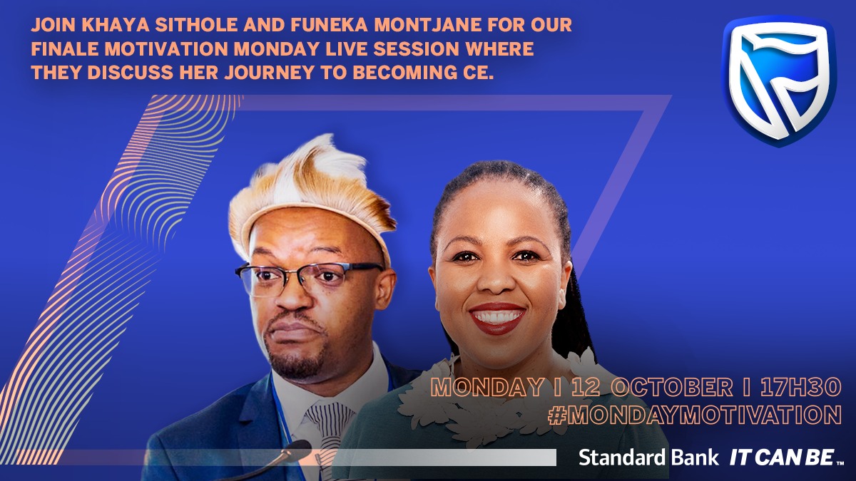CoruscaKhaya's tweet photo. SAVE THE DATE!

You don't want to miss this final #MondayMotivation session.

Hear about Funeka Monjane's journey to CE, Personal and Business Banking, Standard Bank South Africa.

Facebook live on Monday 17:30 https://t.co/TZ6MedO0JP 
#PushTheFuture #ItCanBe @StandardBankZA https://t.co/oI0h9Aif5T