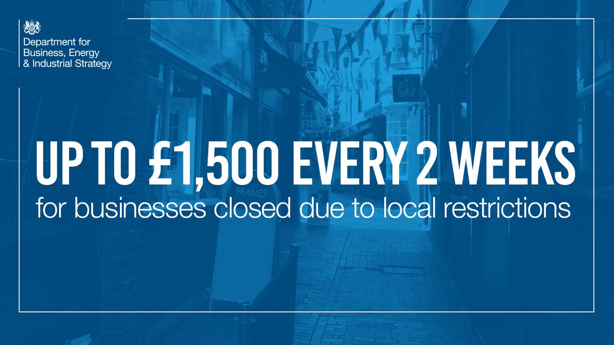 We are increasing the cash grants available for businesses that need to temporarily shut due to local restrictions. 

Any business in England that is affected will be able to claim up to £1,500 every 2 weeks. 

Find out more: orlo.uk/lJ6zc