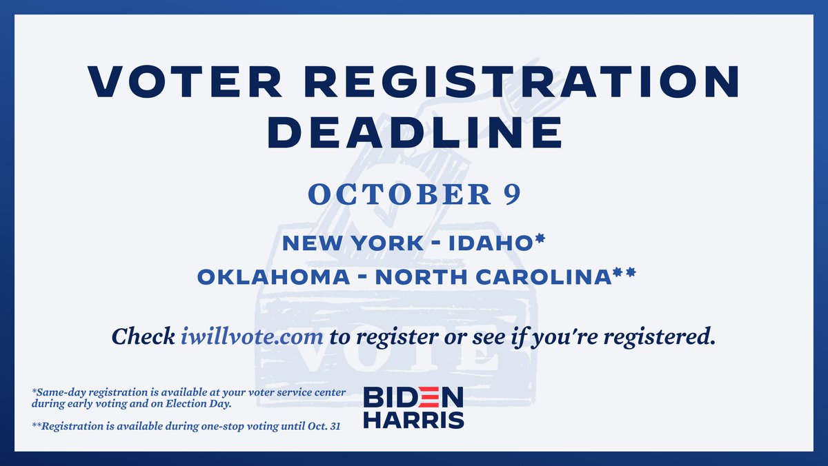 Folks, if you live in: Idaho New York North Carolina Oklahoma Today is your last day to register to vote. Head to iwillvote.com and get registered before it’s too late.