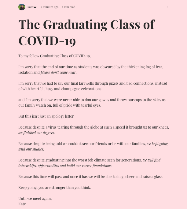 KatieStote's tweet photo. I've written an open letter/poem to anyone who has graduated in this strange, uncertain and fearful world. I hope my letter will remind you, you're not alone, you are blooming wonderful and so much stronger than you think💛 #graduatingclassof2020 original: https://t.co/PlMQFvGXmk https://t.co/kMh0M4qsN6