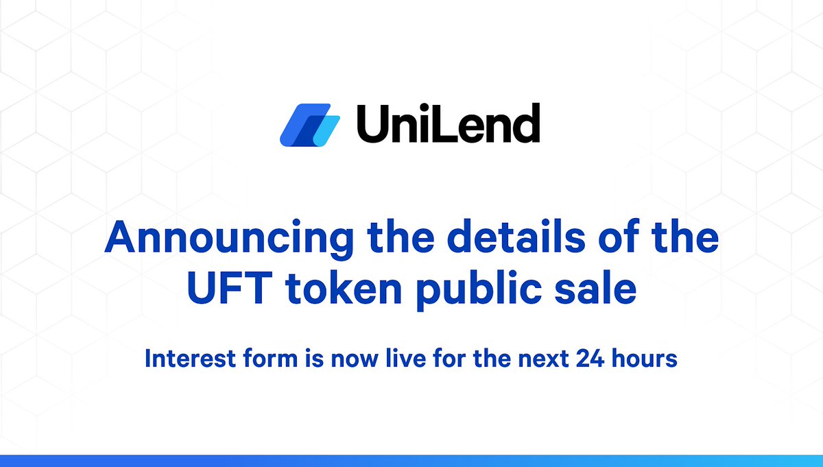1/ Announcing the UniLend $UFT Public Sale: Interest Form is Now Live🥳

We’re excited to announce the upcoming launch of our UFT token public sale!

This is your chance to participate in the UniLend DeFi revolution.

ℹ️ buff.ly/3dbYwxM