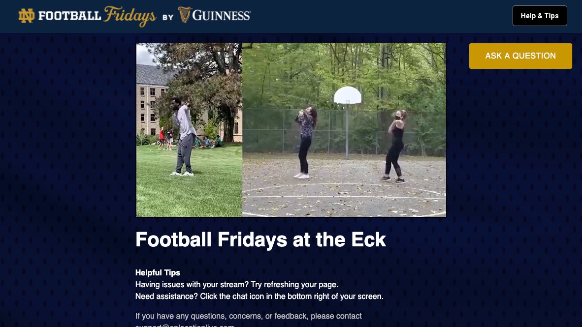 Loving the dance compilation by <a href="/pfreshND/">Project Fresh</a> during this <a href="/NotreDame/">University of Notre Dame</a> Football Fridays stream - #onlocationlive <a href="/GuinnessUS/">Guinness US</a> 🏈🏈🕺🎶