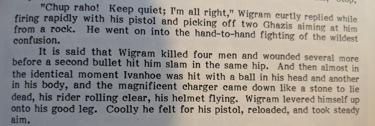 The death of Wigram at the battle of FatehabadHis death was a significant blow to the guides, partly because his brother had served at its inception and he was the second Battye to die fighting with them, but mostly because he was loved by his soldiers.