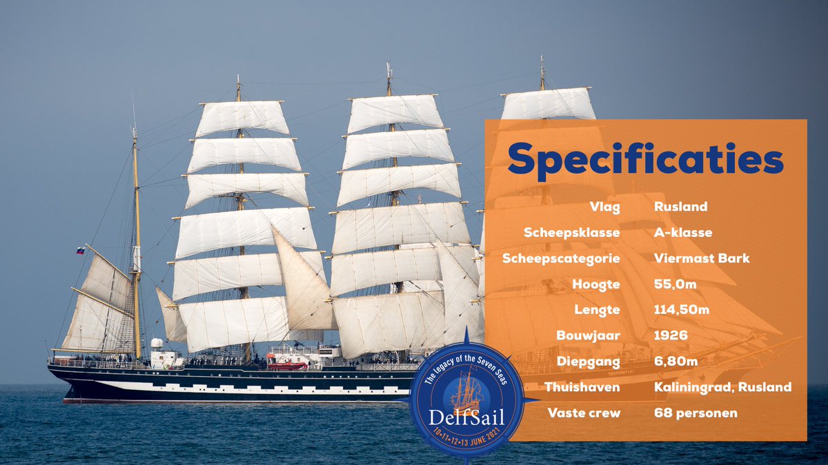 ⛵️⚓️ Met een lengte van 114,5 mtr, een diepgang van 6,8 mtr is de Kruzenshtern na de Sedov het grootste traditionele zeilschip ter wereld dat nog vaart. Tijdens de edities van #Delfsail in 1991 &amp; 2016 was zij in onze haven te bewonderen.

Lees hier meer;👇🏻
delfsail.nl/index.php/nl/s…