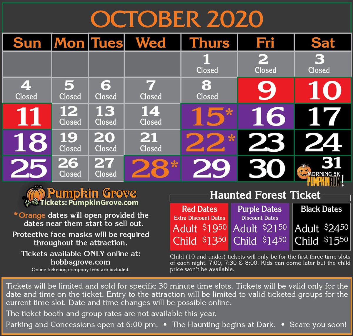 Hobb's Grove tickets are SOLD OUT for tonight, Friday Oct. 9th &amp; Saturday Oct. 10th! Sunday, the 11th, is OPEN! Tickets are only available online at HobbsGrove.com/calendar. Please don't arrive without your online ticket! Tickets are not sold at our ticket BOOth this year! 💀👻💀