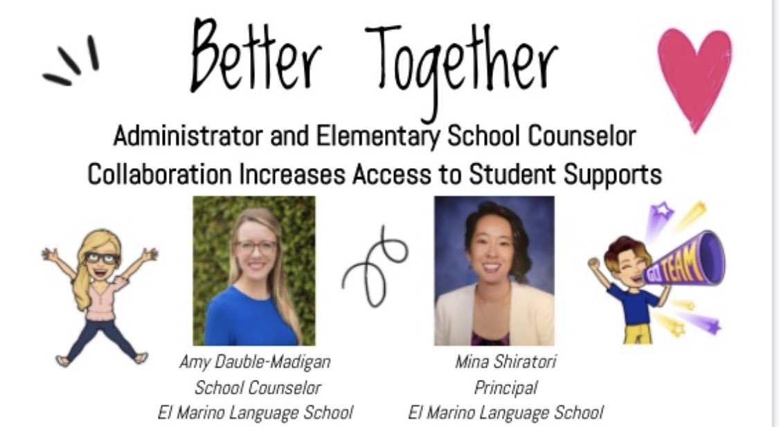 counseloramybcd's tweet photo. So excited to be presenting with my principal today! See you at 2:15 to give you the keys to successful counselor/admin collaboration and how we increased school counseling services for student success! #CASC2020 @MyCASC #BetterTogether #CulverPride https://t.co/WZWeiSmX8A