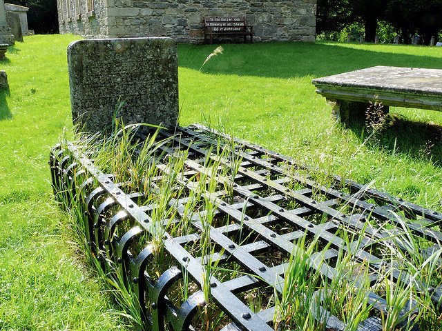 (8/11) Mortsafes were placed over burial sites. This cage-like structure was partially buried within the grave and surrounded the entire coffin. After a suitable amount of time—once the body had decomposed and was rendered useless to the anatomists—the mortsafe could be removed.
