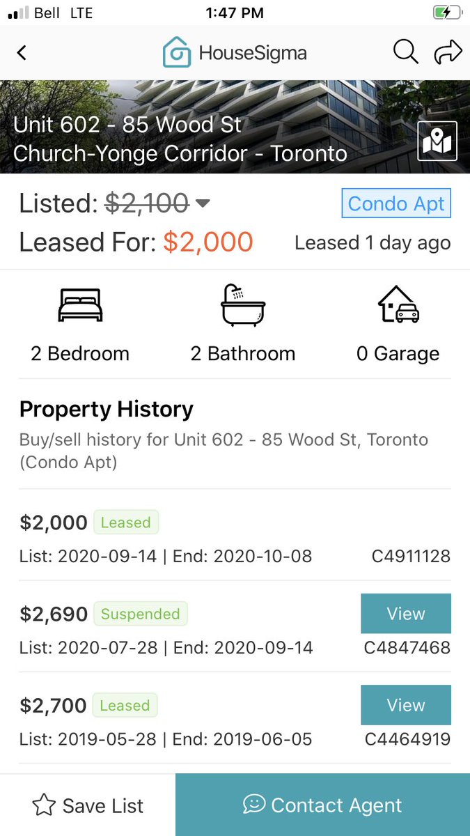 The Latest in Toronto rentsThis 2 bd condo was also just leased for $2000/monthA $700/month (26%) drop in rents from 2019Rents being rolled all the way back #cdnecon