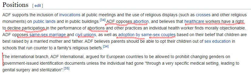 2/ Who are ADF? Alliance Defending Freedom opposes abortion, believes health workers should be allowed to refuse abortions on religious grounds, oppose same sex marriage & civil unions, & adoptions by same sex couples. They actively campaign & organise for these beliefs.