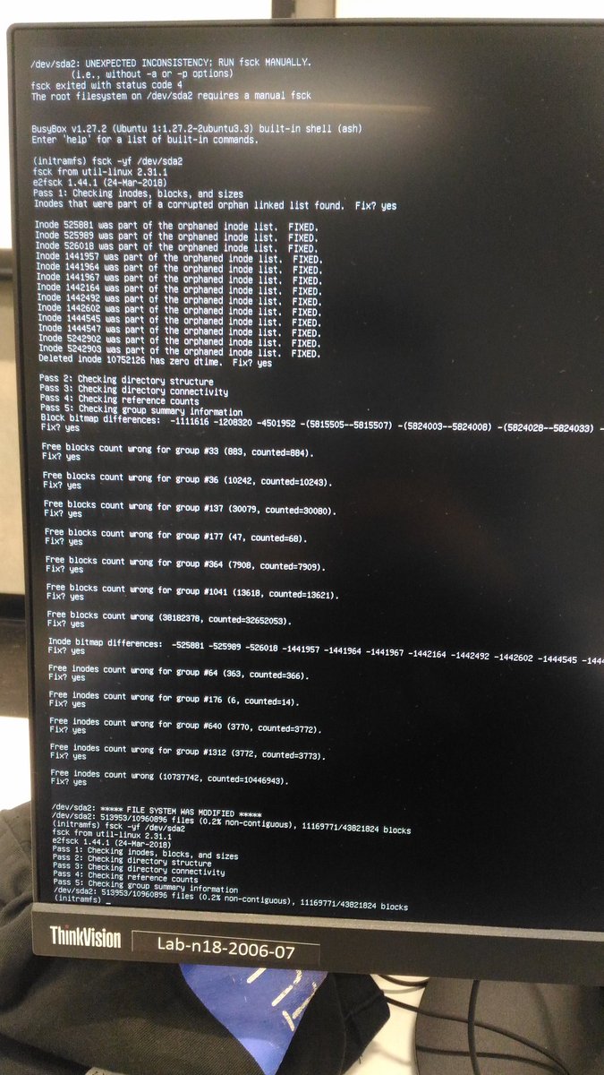 Enlik's tweet image. Root file system requires manual fsck [duplicate]

Answer:  askubuntu.com/a/885066?stw=2

#ubuntu #fsck