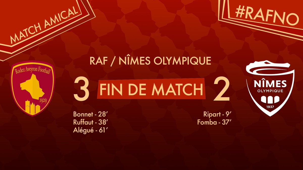 OfficielRAF's tweet photo. C’est fini à Millau pour ce match amical face au ⁦@nimesolympique⁩ !

Les Ruthénois remportent le match sur le score de 3 à 2 ! 💪🏻

Rdv ce Samedi 17/10 à 19h, retour du championnat ⁦@Ligue2BKT⁩ et la réception à Paul Lignon de ⁦@estac_officiel⁩  !

Allez le RAF https://t.co/C4aWVmI4oD