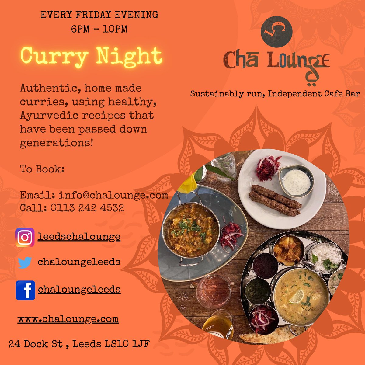 It's National Curry Week! We have just one sofa area left for tonight, come down for a socially distanced drink with some light &amp; healthy homemade nibbles! Call 0113 242 4532 or email info@chalounge.com to book.  #nationalcurryweek #becurious #supportlocal #sustainability #leeds