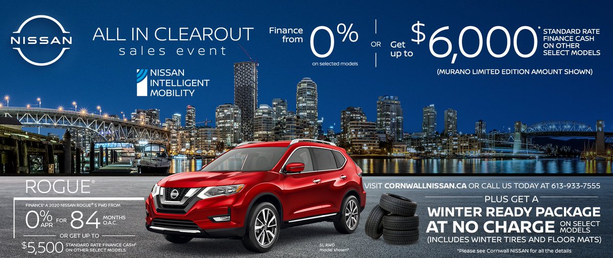 CornwallNissan's tweet photo. CORNWALL #NISSAN #ALLINCLEAROUT #SalesEvent OCT 1 - NOV 2 GET WNTR READY PKG INCL #WINTER TIRES &amp; FLOOR MATS N/C ON SEL MODS* #ROGUE FINANCE* A 2020 #NissanROGUE® S FWD FROM 0% APR FOR  84 MON O.A.C. OR GET UP TO $5,500 STD RATE FIN CASH* ON OTHER SEL MODS https://t.co/QV5iwU2oW8 https://t.co/WYghi1yKTI