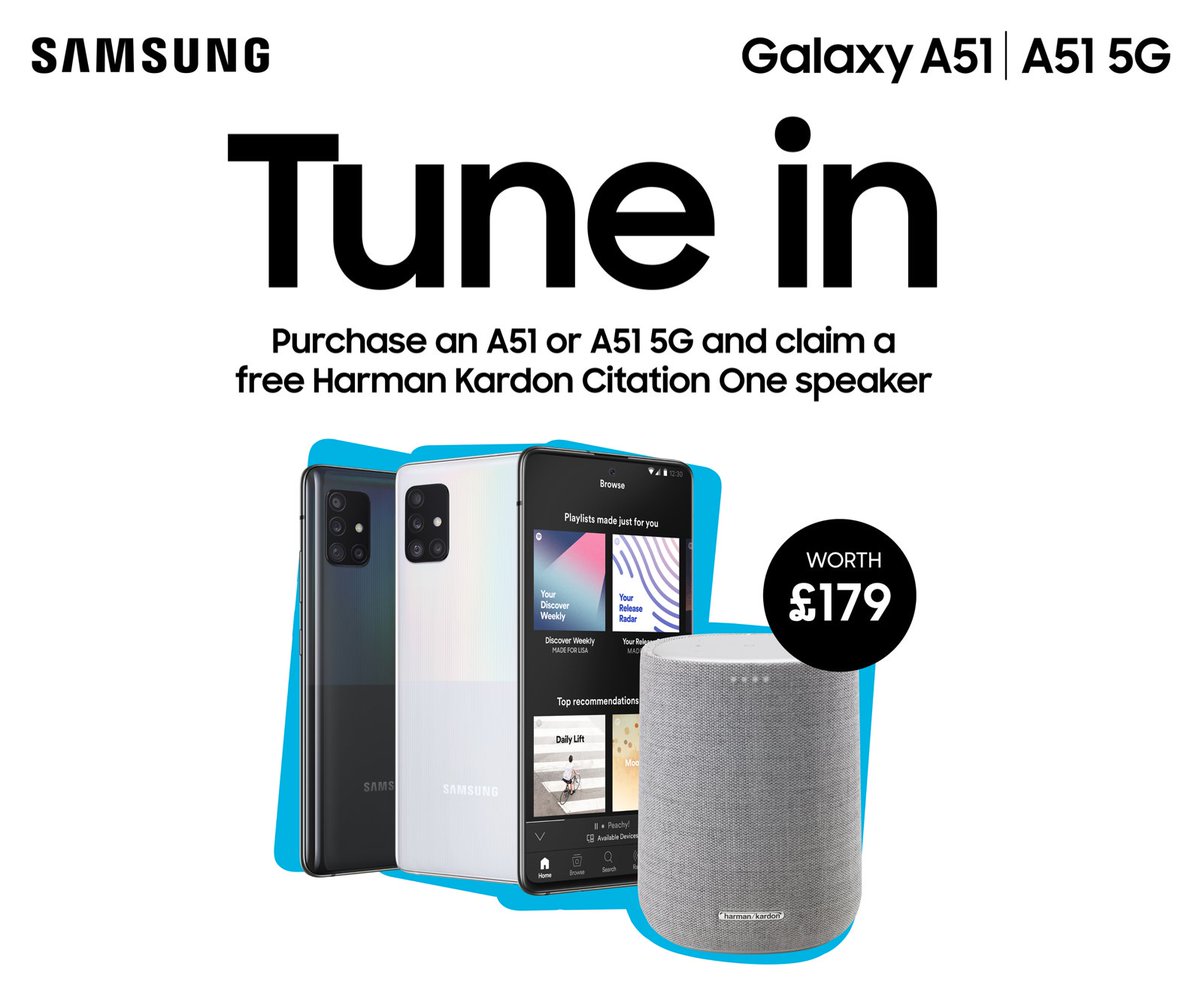 Mdee_Telecom's tweet photo. Happy Friday! Take advantage of a Samsung-led #GWP promo, with Samsung Galaxy A51 (4G or 5G), you can claim by redemption, a Harman Kardon Citation One Smart Speaker worth £179 (RRP incl. VAT). Contact us for more details on the offer, including Ts&amp;Cs on 0115 940 3900 #Samsung https://t.co/d9COBoXQ4k