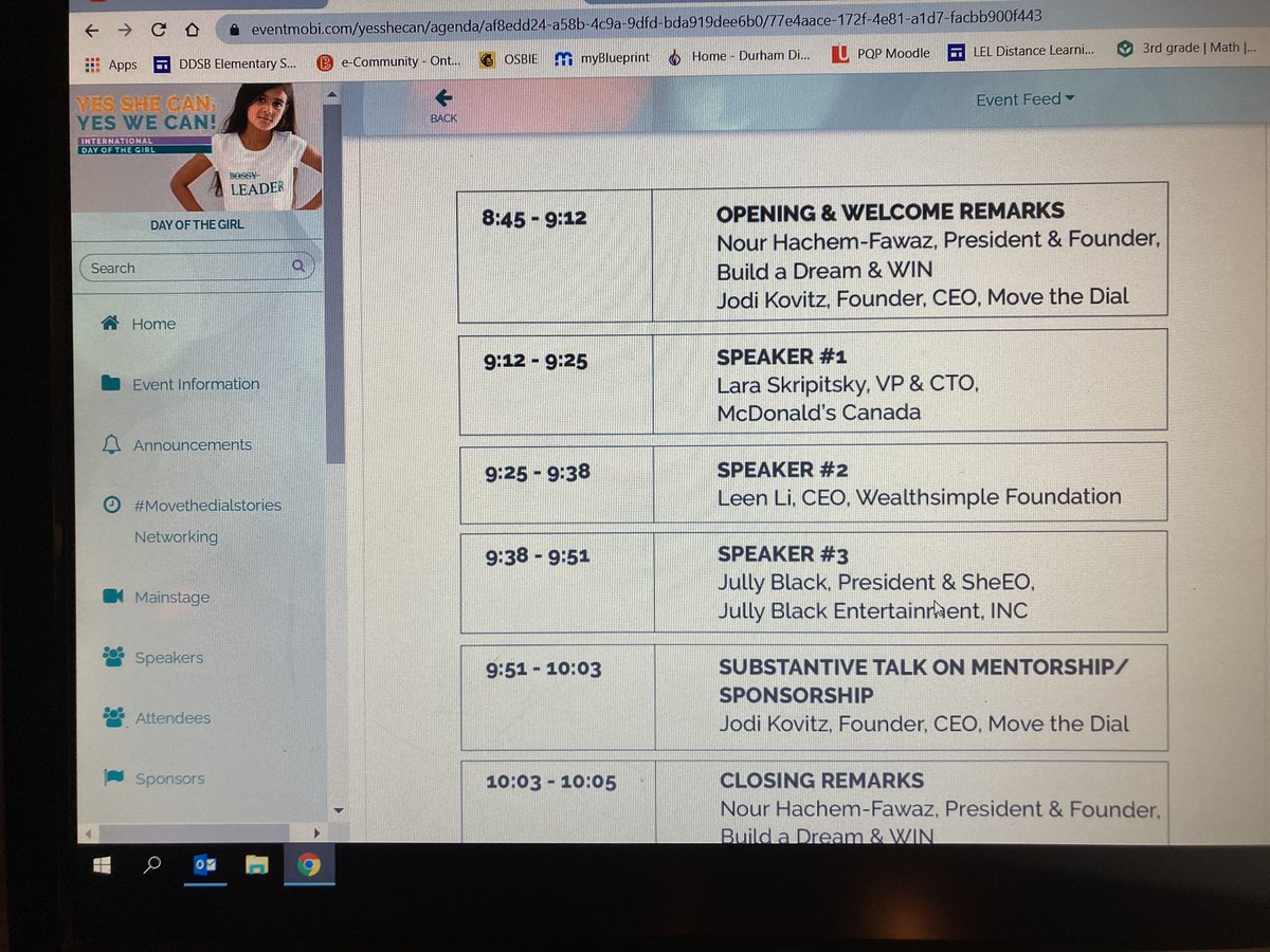 MrsJWalton's tweet photo. Excited for the morning networking session @Build_ADream Yes She Can, Yes We Can International Day of the Girl Conference! Amazing lineup of leaders #Movethedial @MsKStuart @NicoleDolabaill @JennParrington1 @dstirton1 @Nour_hach #DDSBLeadership ๐ โ๏ธ๐งฐ๐ฉโ๐ง๐ฉโ๐ญ๐ฉโ๐ฌ https://t.co/q0dq6C6nlV