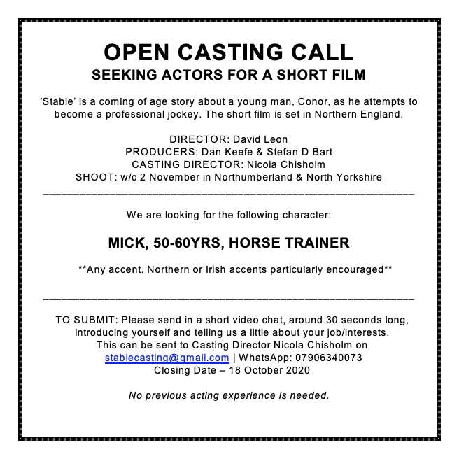 Stable_Film's tweet photo. @Redcarracing 
Open Call for a short film shooting soon in the North East. No previous acting experience needed. If you fit the brief, we'd love to hear from you! Please re-tweet! https://t.co/V3U9yMWWrM