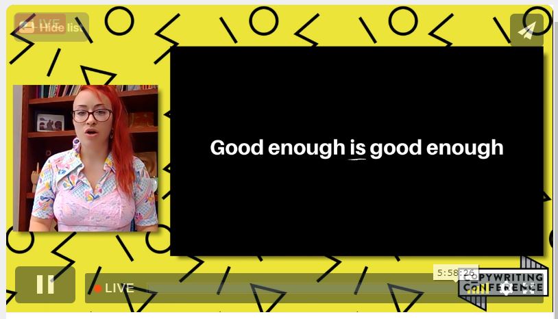 StoriesWithGill's tweet image. Loving the talk by @archcopy &quot;Death to perfectionism&quot;❤️

We pay so much time reading books and taking courses to level up our skills. But guess what? Fixing ourselves is equally important.

#CopyCon2020 #CopyCon20