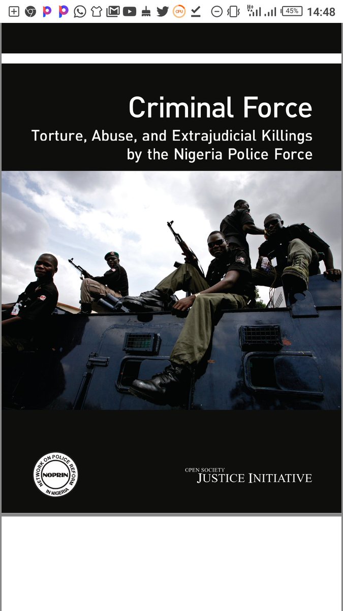 10 yrs ago,  @OSFJustice released a rpt on  @policeNG under the title  #CriminalForce. I worked on that. It detailed a culture of wasting human life under a chapter titled "A Human Abbatoir". Despite our best efforts with  @policereformNG, few ppl took notice. We're still in  #EndSARS