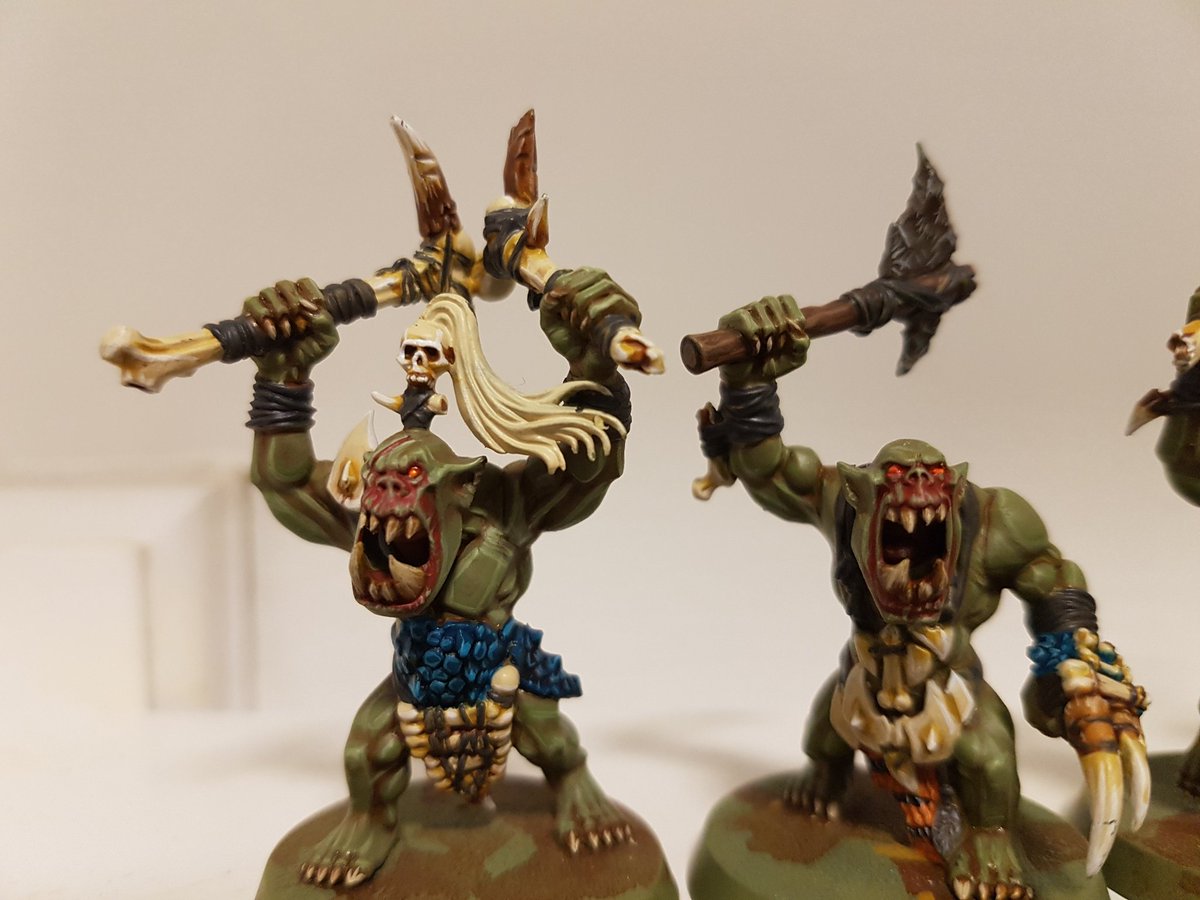 JDavenpott's tweet photo. Next 5 Morboys "done". Straps, basing and hair to be completed after everything is up to this level. I want to see them all together before deciding to darken or lighten the straps and a contrasting hair colour. #warclans #orruks #aos #warmongers #bonesplitters https://t.co/W3TUK3qio1